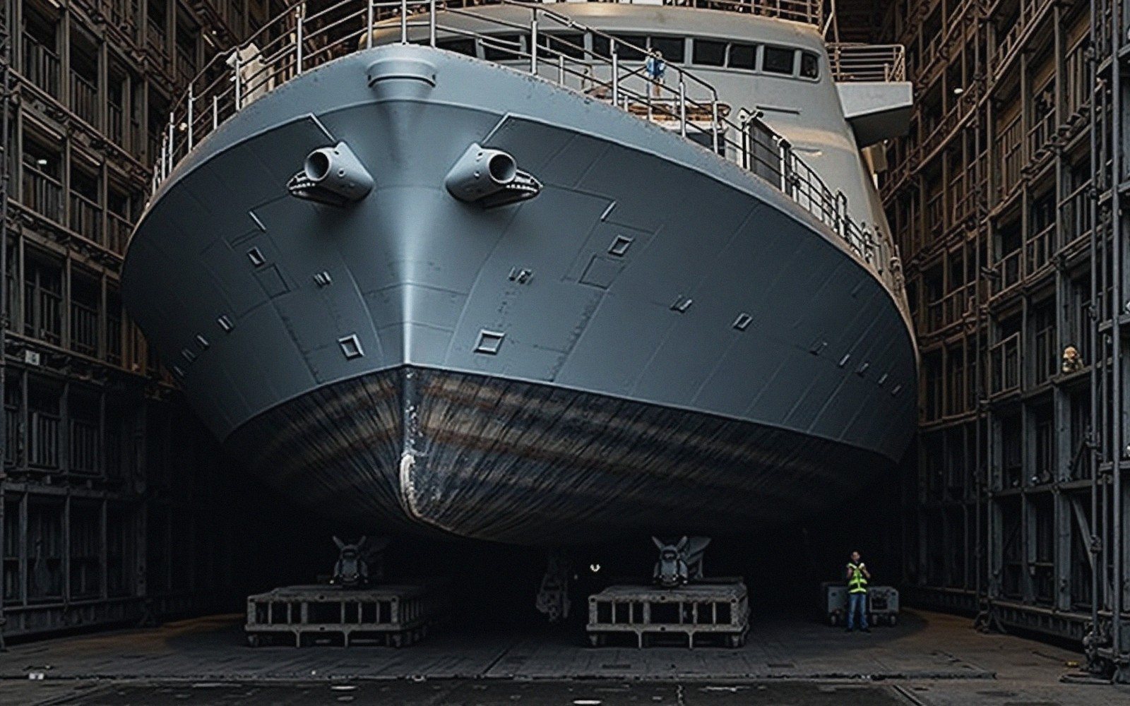 a large ship in a dry dock with the hull exposed